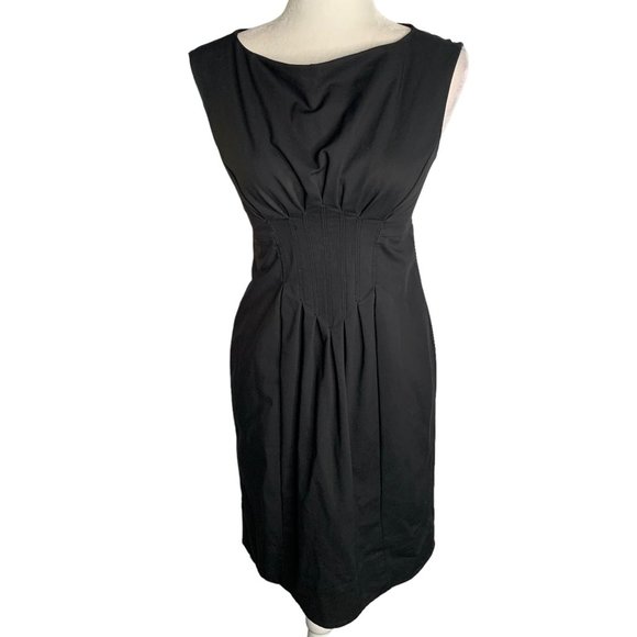 Pleated Waist Sleeveless Sheath Dress S Black Lined Lace Trim Exposed Zipper - Picture 1 of 7